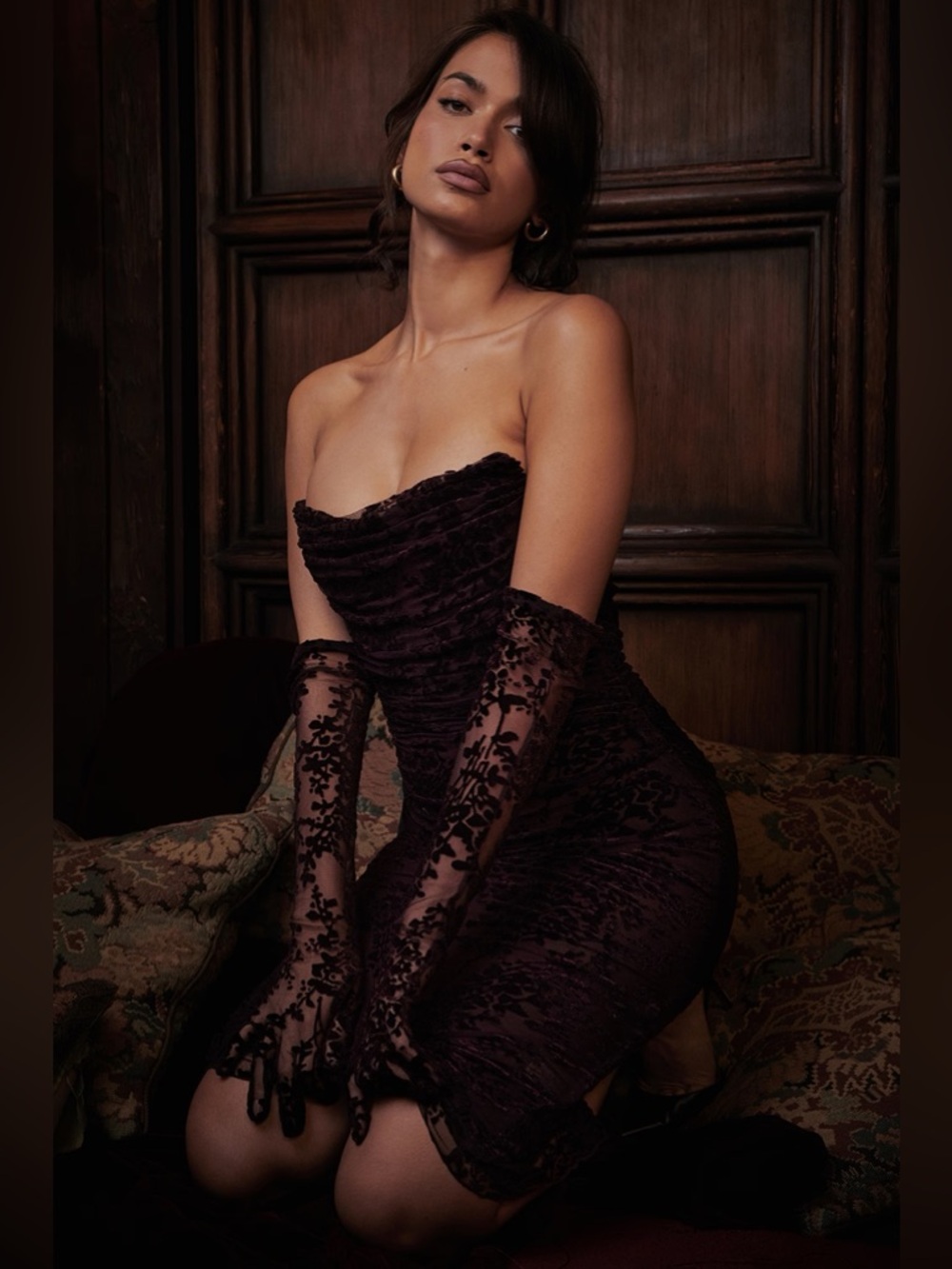 House of CB Strapless Lace Velvet Midi Dress with Gloves XS - Cherry Brown - Picture 2 of 5